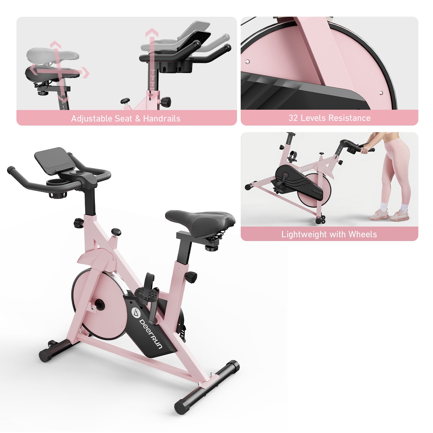DeerRun S500 Indoor Adjustable Magnetic Resistance Silent Belt Smart Cycling Bike with PitPat App - Pink